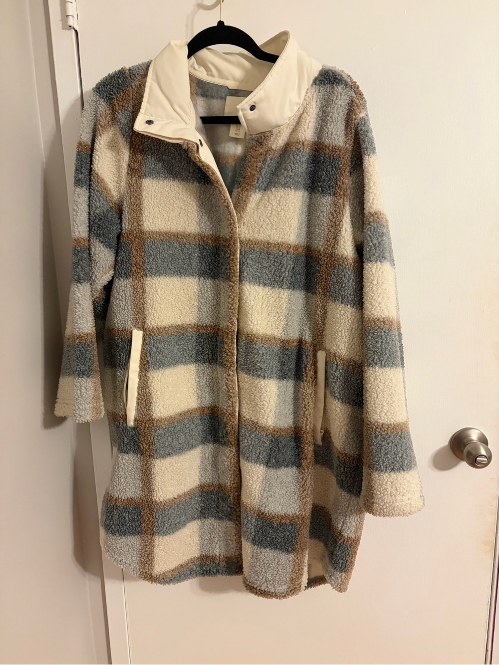 Checked Teddy Coat in Cream, Gray & Brown